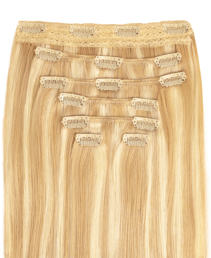 clip-in hair extensions golden highlights.