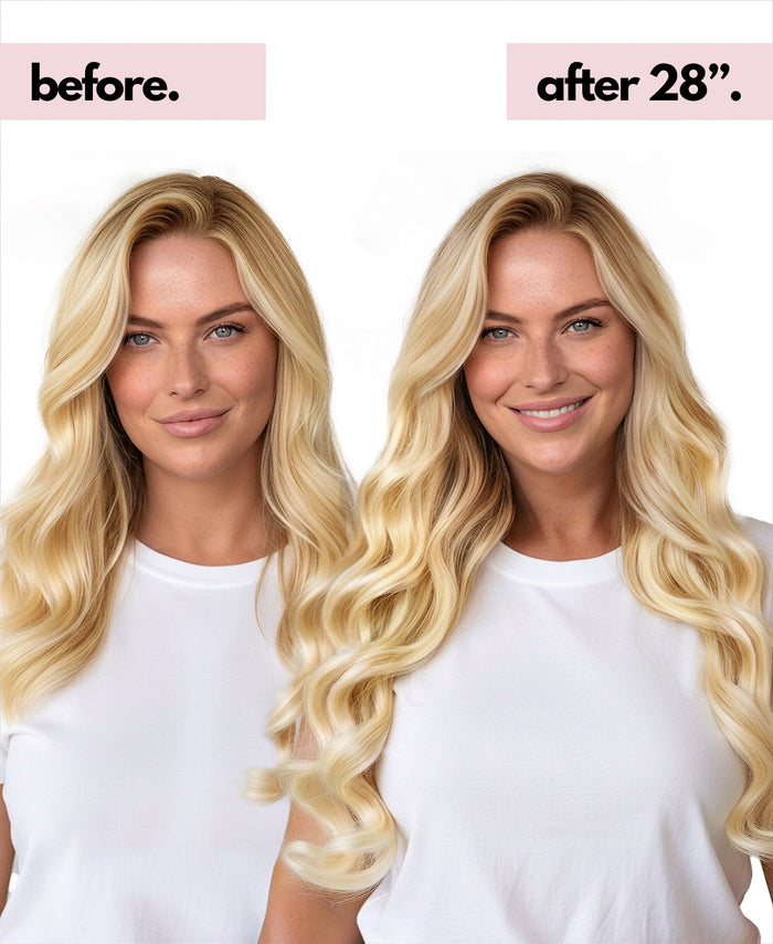Before and after comparison of a woman with blonde hair extensions, showing a 28-inch extension.