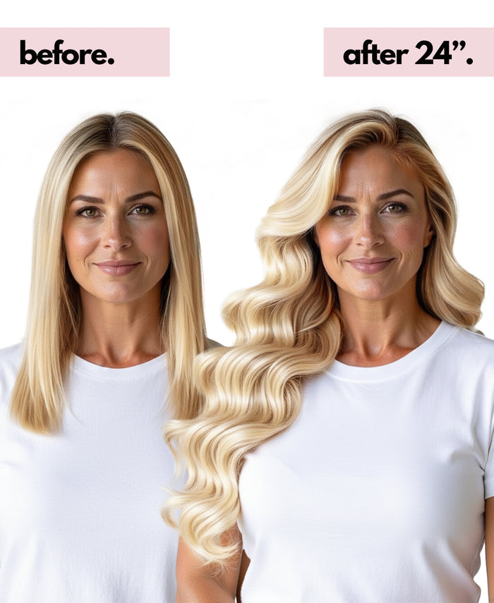 Before and after comparison of a woman's hair with extensions, showing a significant length increase.