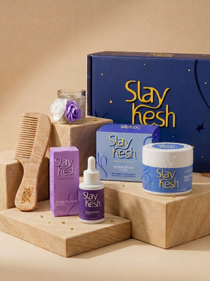 Slaykesh Complete Hair Repair Kit featuring Hair Mask, Scalp Serum, Neem Comb and Candle in luxury gift box