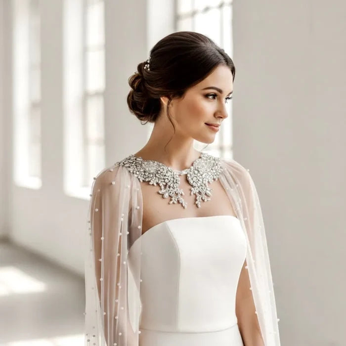 Wedding Cape Veil Cathedral Length – Cape Veil with Pearls and Crystals