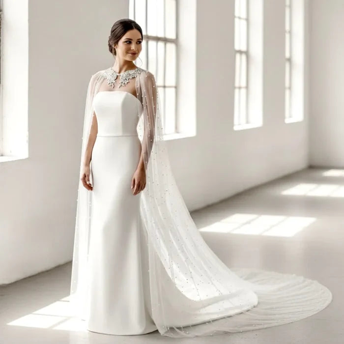 Wedding Cape Veil Cathedral Length – Cape Veil with Pearls and Crystals