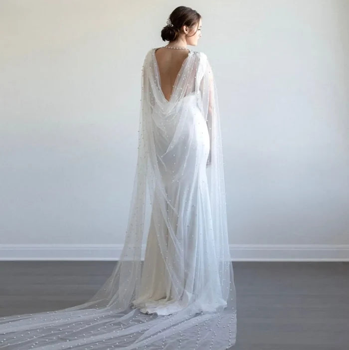 Wedding Cape Veil Cathedral Length – Cape Veil with Pearls and Crystals