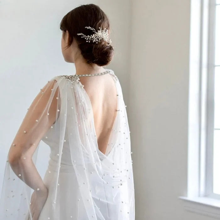 Wedding Cape Veil Cathedral Length – Cape Veil with Pearls and Crystals