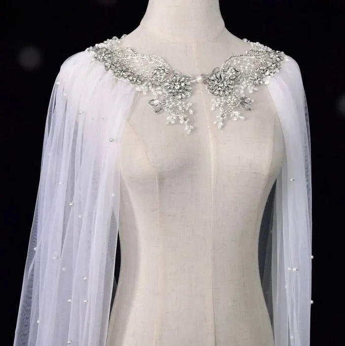 Wedding Cape Veil Cathedral Length – Cape Veil with Pearls and Crystals