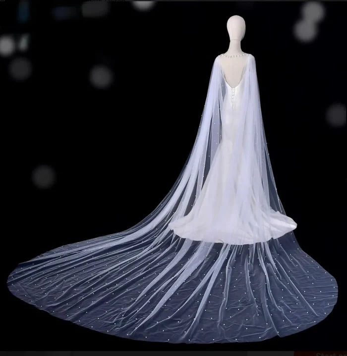 Wedding Cape Veil Cathedral Length – Cape Veil with Pearls and Crystals