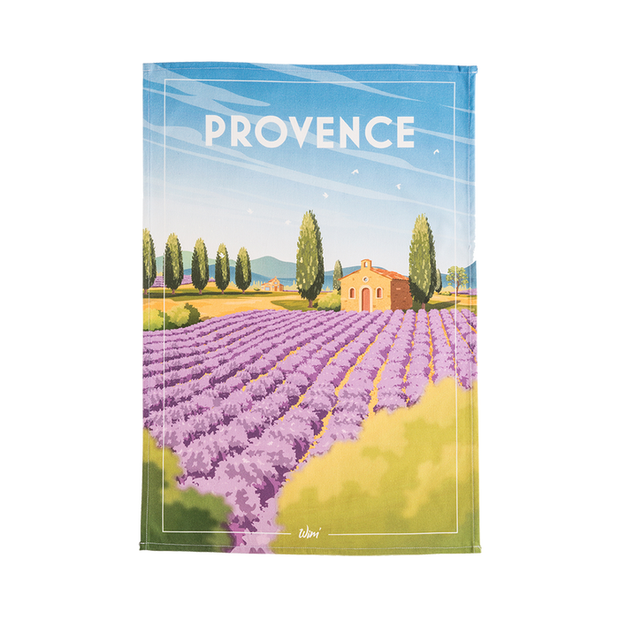 A multicolored cotton tea towel with a printed design depicting a house and lavender fields.