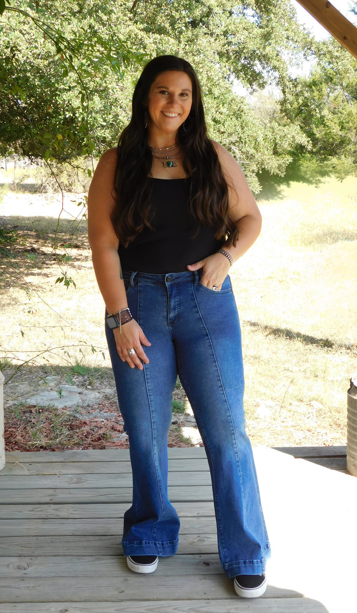 Dark High Rise Crease Flare Jeans