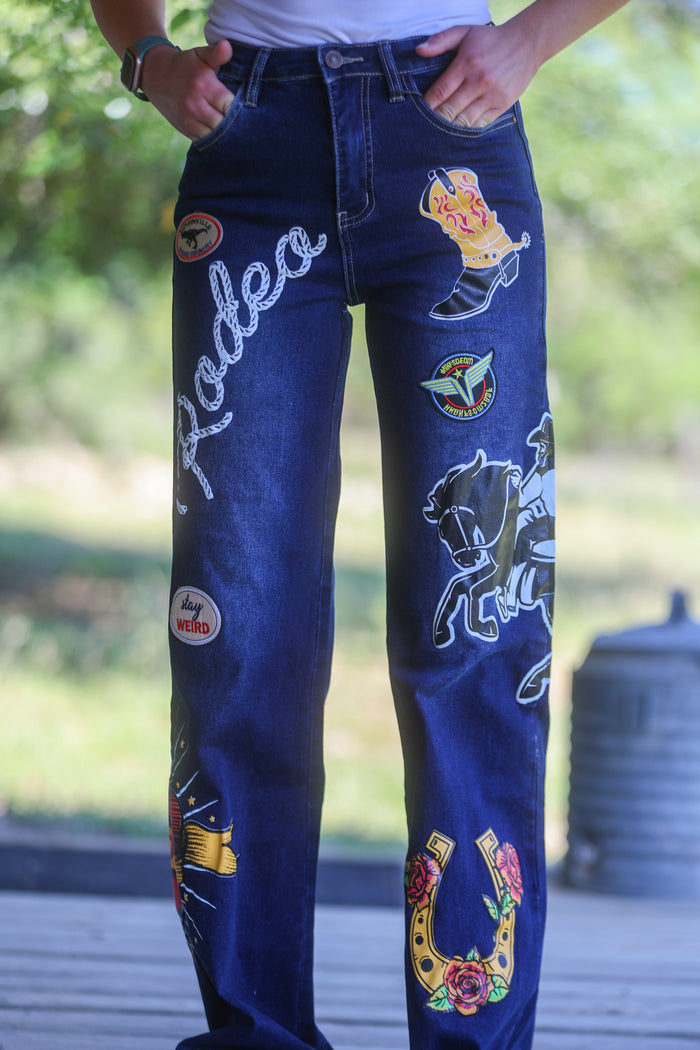 Dark Wash Rodeo Patch Printed Cuffed Wide Leg Jeans