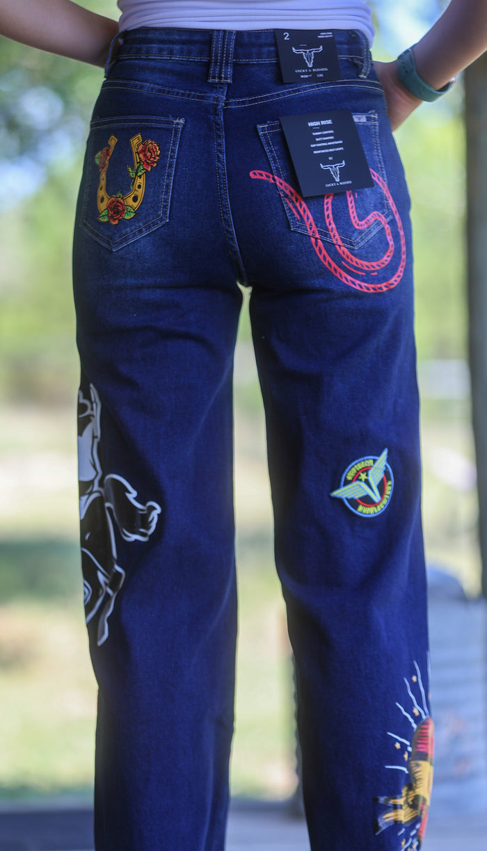 Dark Wash Rodeo Patch Printed Cuffed Wide Leg Jeans