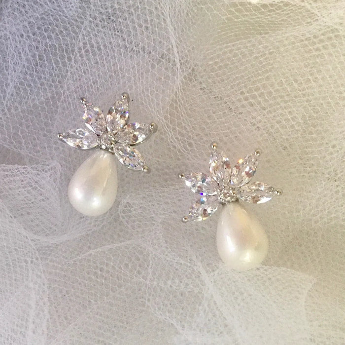 Wedding Jewelry - Pearl and Cubic Zirconia Bridal Earrings - Available in Silver and Rose Gold
