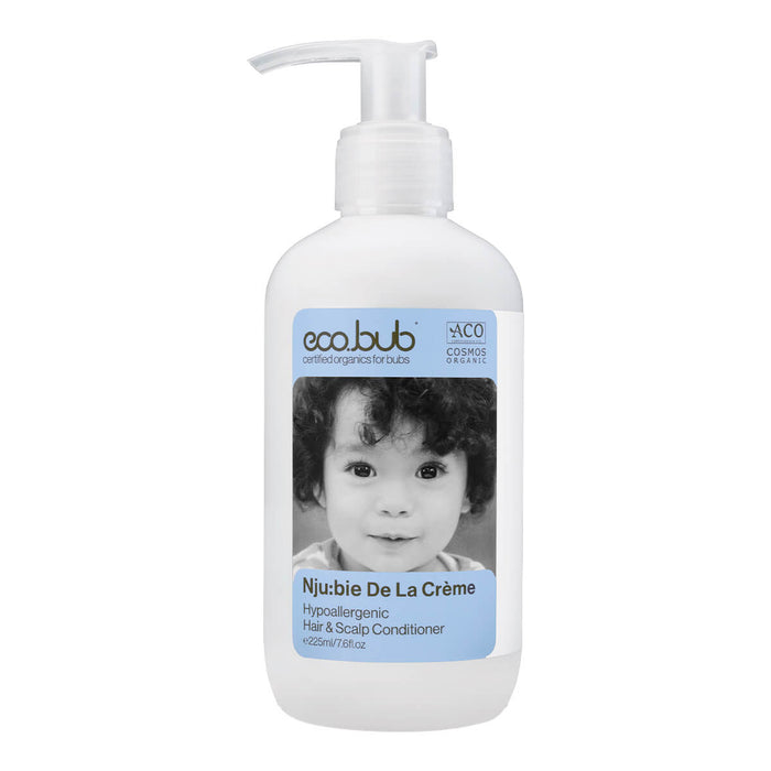 Pump bottle of natural hypoallergenic hair and scalp conditioner for babies.