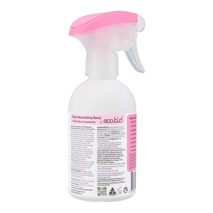 Back of spray bottle of natural pet fur and fabric deodoriser, showing ingredients and directions.