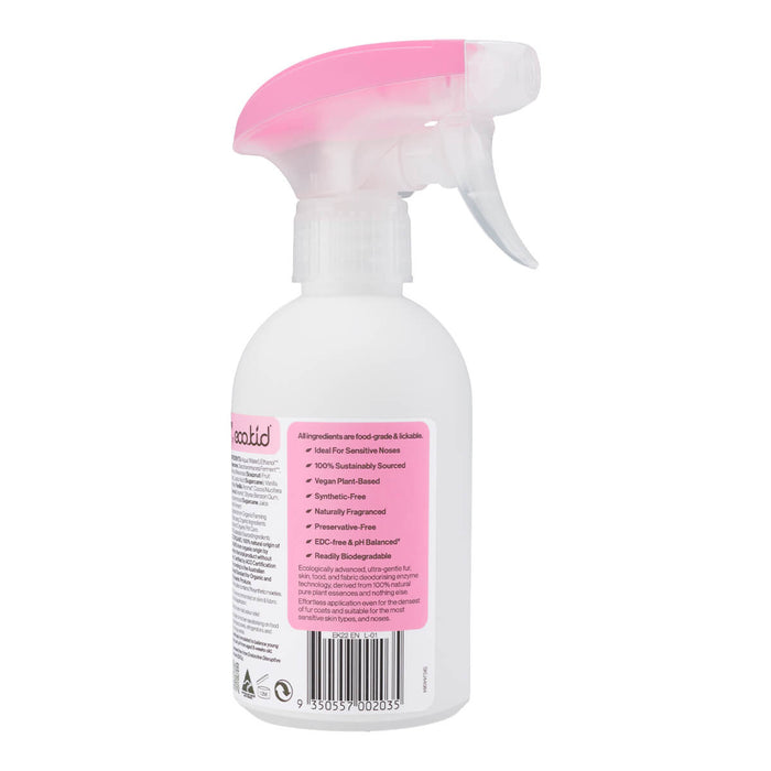 Side of spray bottle of natural pet fur and fabric deodoriser, showing product features.