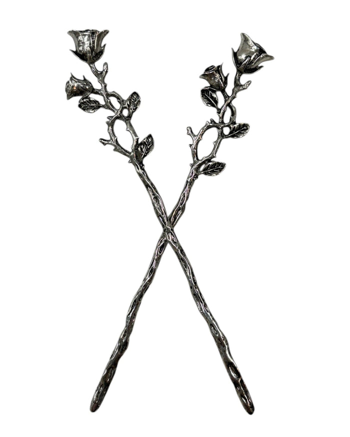 Silver Elegant Rose Vine Hair Sticks with rose and leaf floral design, front view.