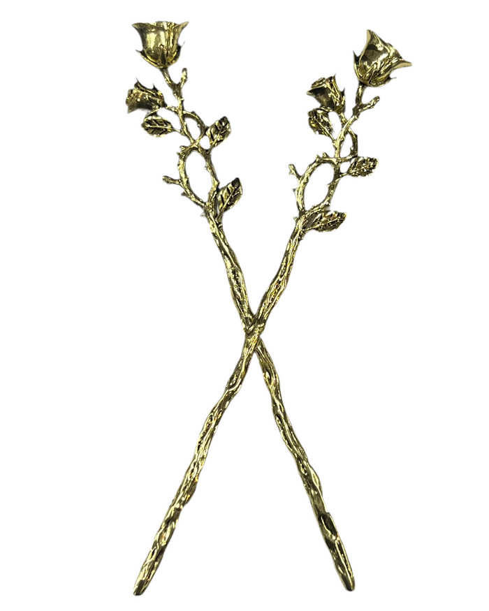 Gold Rose Vine Hair Sticks featuring floral rose and leaf vine design, front product view.