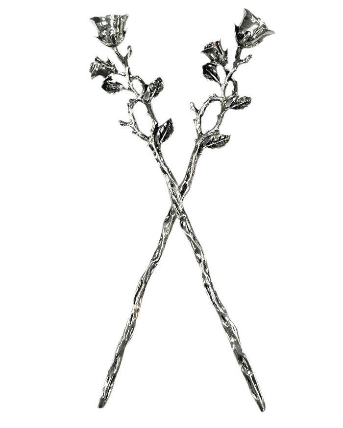 Silver Rose Vine Hair Sticks with detailed rose and leaf vine design, crossed front view.