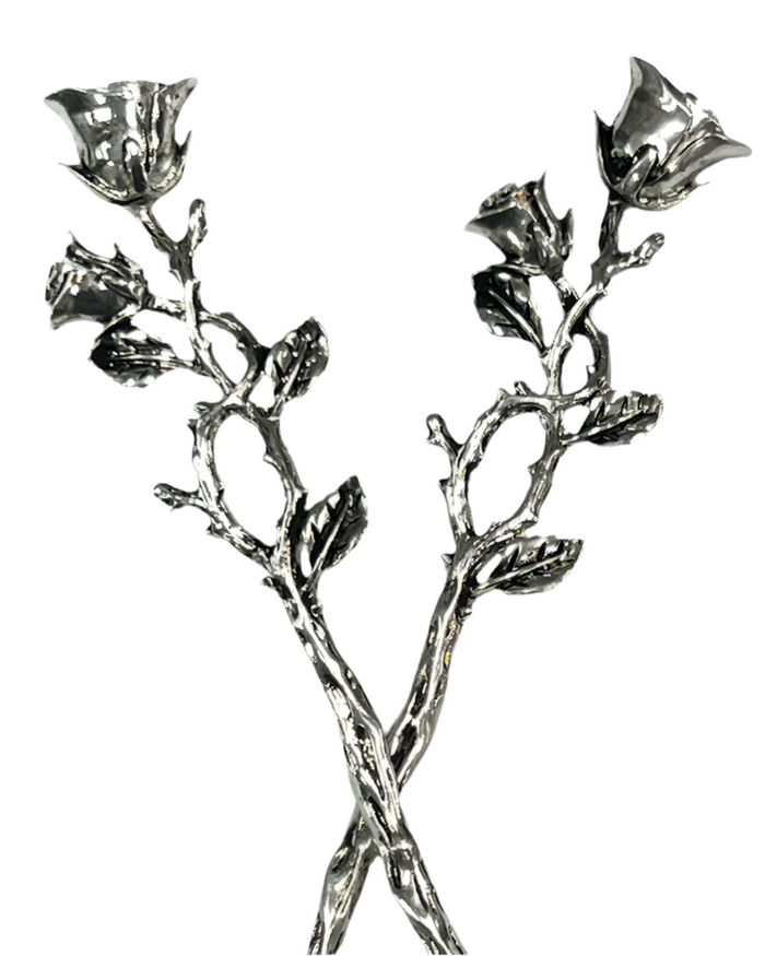 Silver Elegant Rose Vine Hair Sticks with detailed rose blossoms and leaf vine design, decorative floral hair accessories, close-up front view.