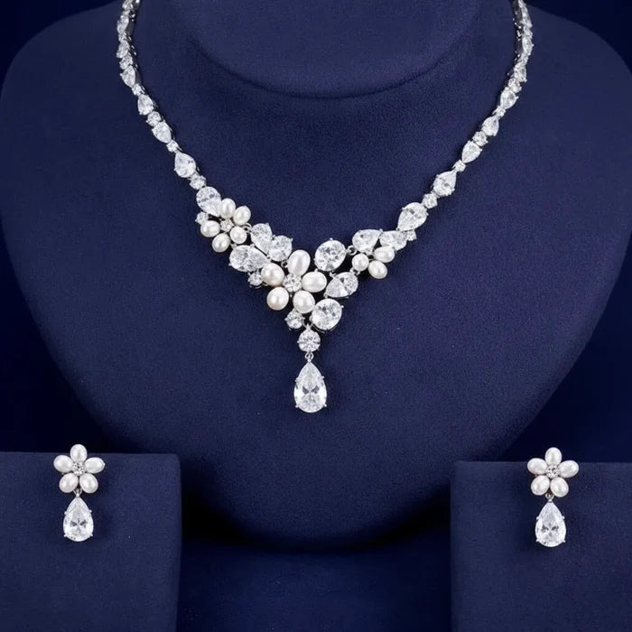 Pearl Wedding Jewelry - Freshwater Pearl and Cubic Zirconia Bridal Jewelry Set - Silver & Rose Gold