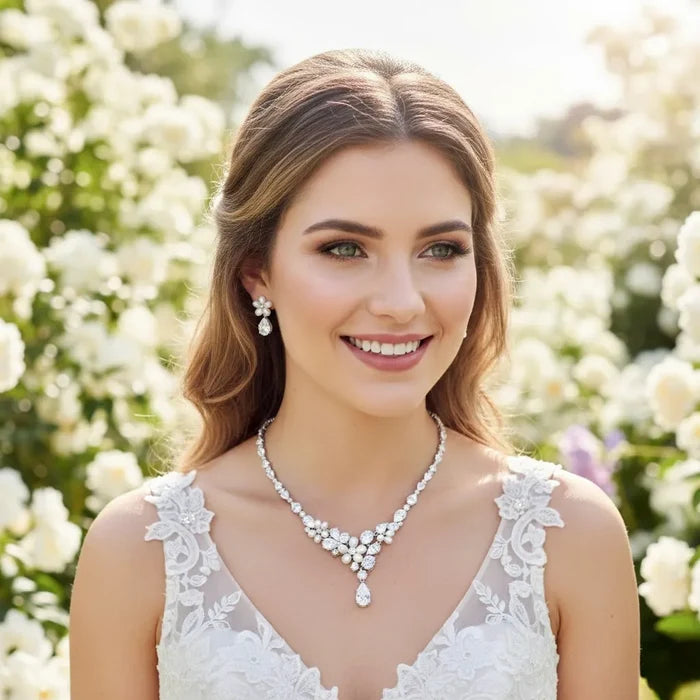 Pearl Wedding Jewelry - Freshwater Pearl and Cubic Zirconia Bridal Jewelry Set - Silver & Rose Gold