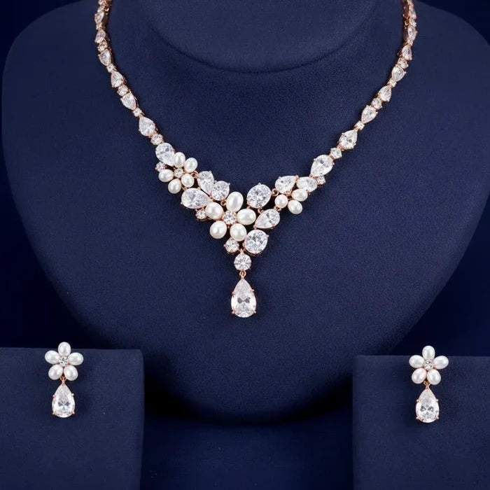 Pearl Wedding Jewelry - Freshwater Pearl and Cubic Zirconia Bridal Jewelry Set - Silver & Rose Gold