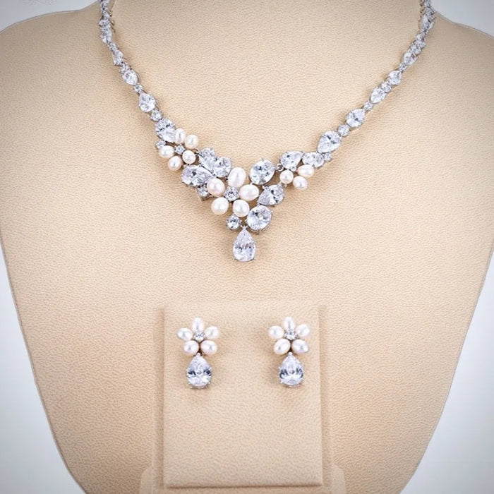 Pearl Wedding Jewelry - Freshwater Pearl and Cubic Zirconia Bridal Jewelry Set - Silver & Rose Gold