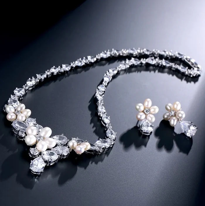 Pearl Wedding Jewelry - Freshwater Pearl and Cubic Zirconia Bridal Jewelry Set - Silver & Rose Gold