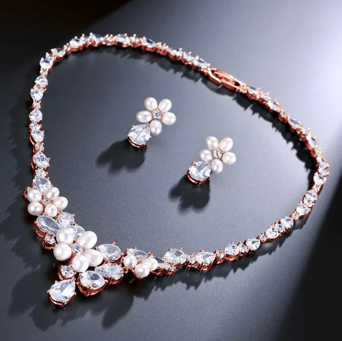 Pearl Wedding Jewelry - Freshwater Pearl and Cubic Zirconia Bridal Jewelry Set - Silver & Rose Gold