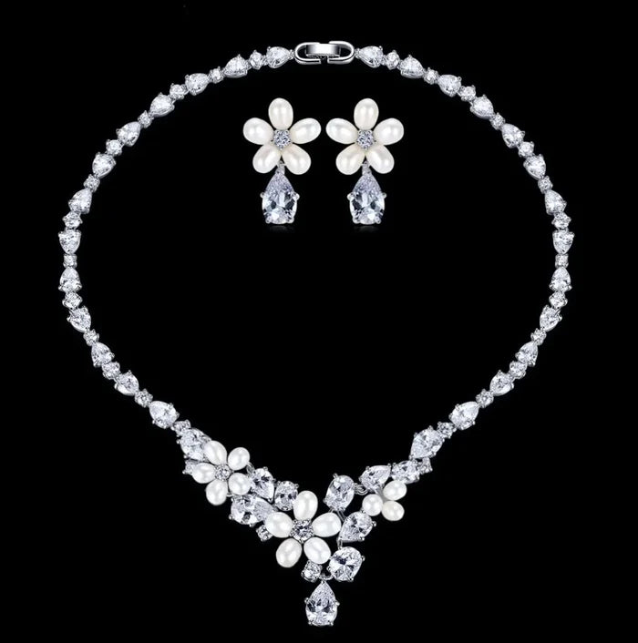 Pearl Wedding Jewelry - Freshwater Pearl and Cubic Zirconia Bridal Jewelry Set - Silver & Rose Gold