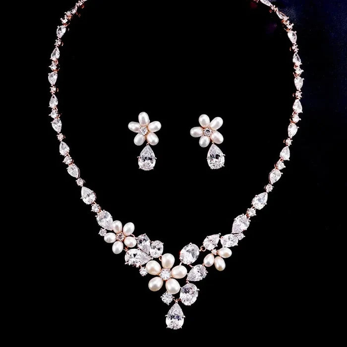 Pearl Wedding Jewelry - Freshwater Pearl and Cubic Zirconia Bridal Jewelry Set - Silver & Rose Gold