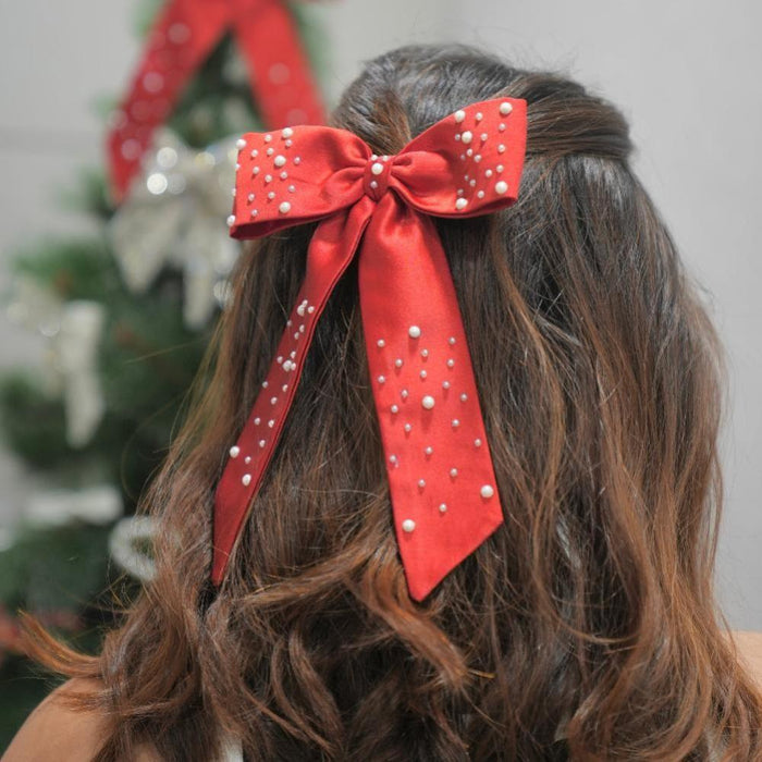 Embellished Pearl Hair Bow Alligator Clip - Red