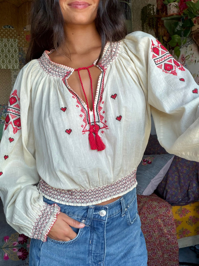 Embroidered Cotton Long Sleeve Peasant Top - Ivory-view 1