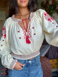 Embroidered Cotton Long Sleeve Peasant Top - Ivory-view 1