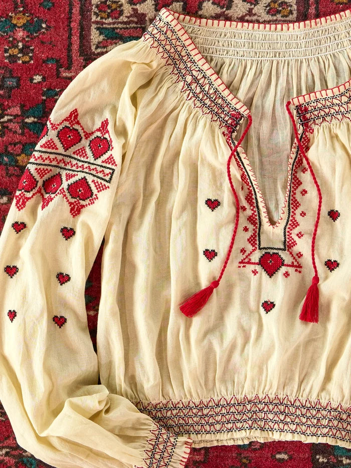 Embroidered Cotton Long Sleeve Peasant Top - Ivory-view 3