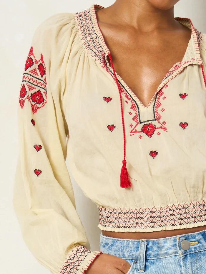 Embroidered Cotton Long Sleeve Peasant Top - Ivory-view 4