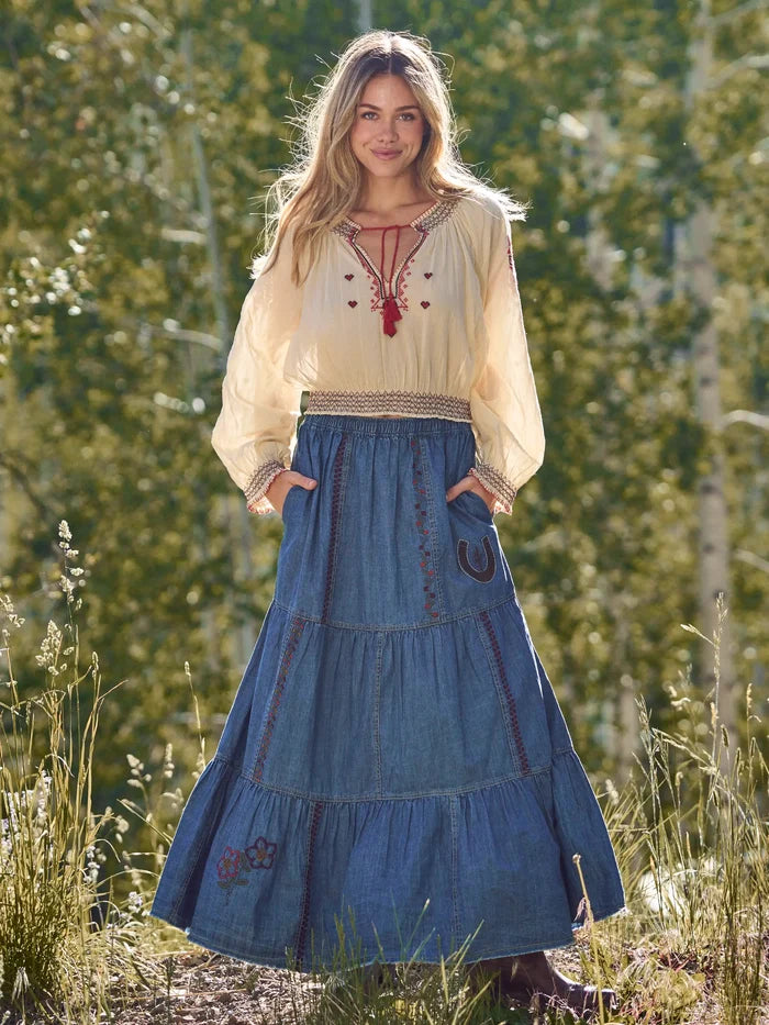 Embroidered Cotton Long Sleeve Peasant Top - Ivory-view 5
