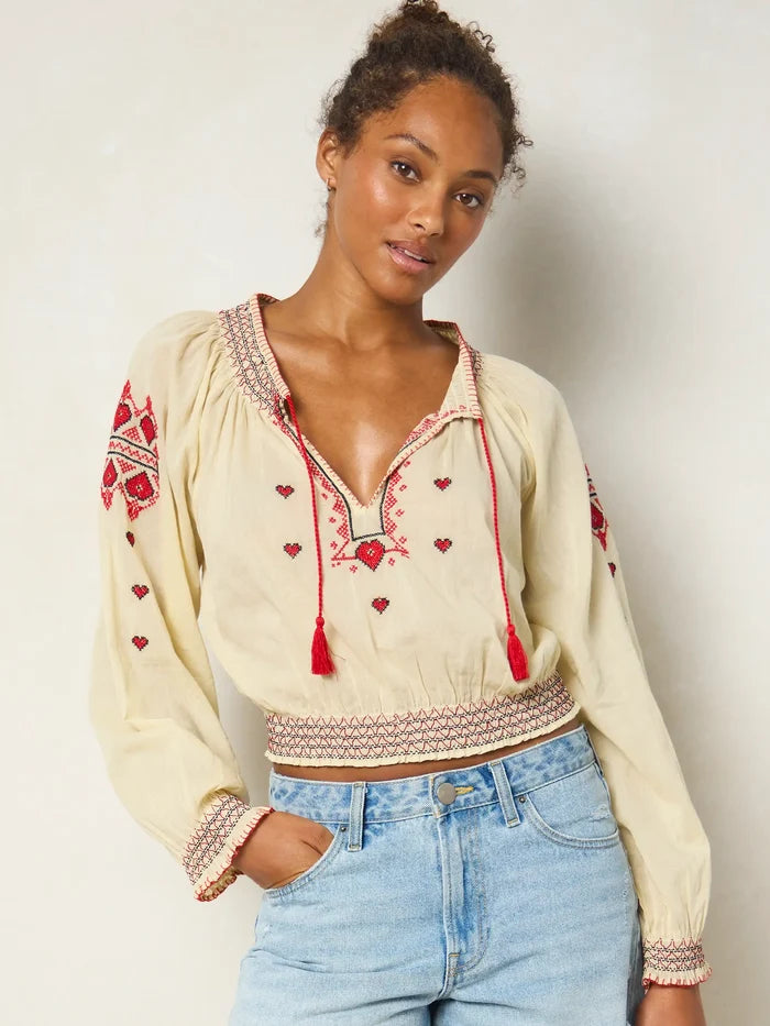 Embroidered Cotton Long Sleeve Peasant Top - Ivory-view 9