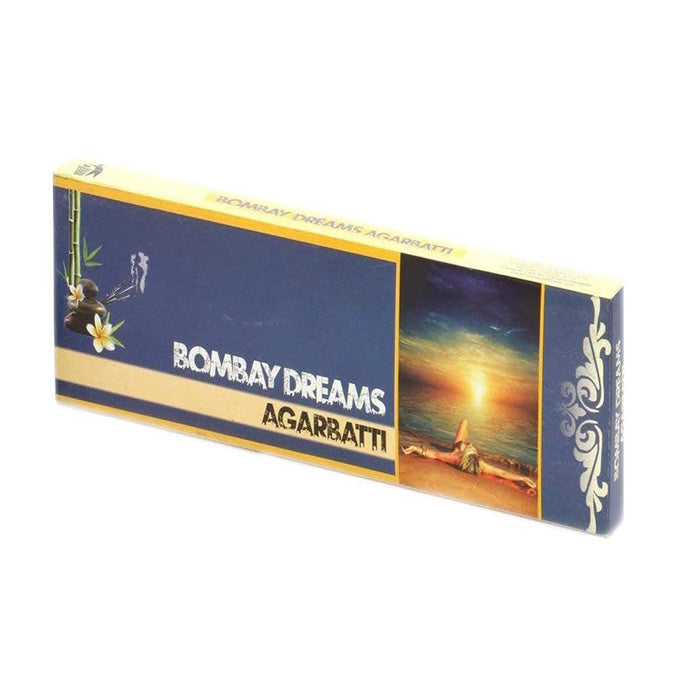 Agarbatti incense stick pack with Bombay Dreams label and blue illustrated side panels