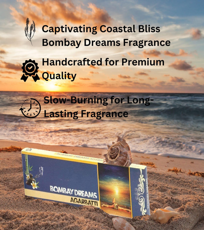 Agarbatti incense stick pack with Bombay Dreams label and a bundle of brown sticks