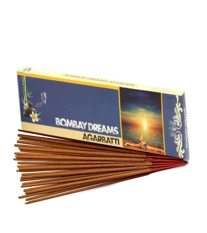 Agarbatti incense stick pack with Bombay Dreams label and several loose brown sticks