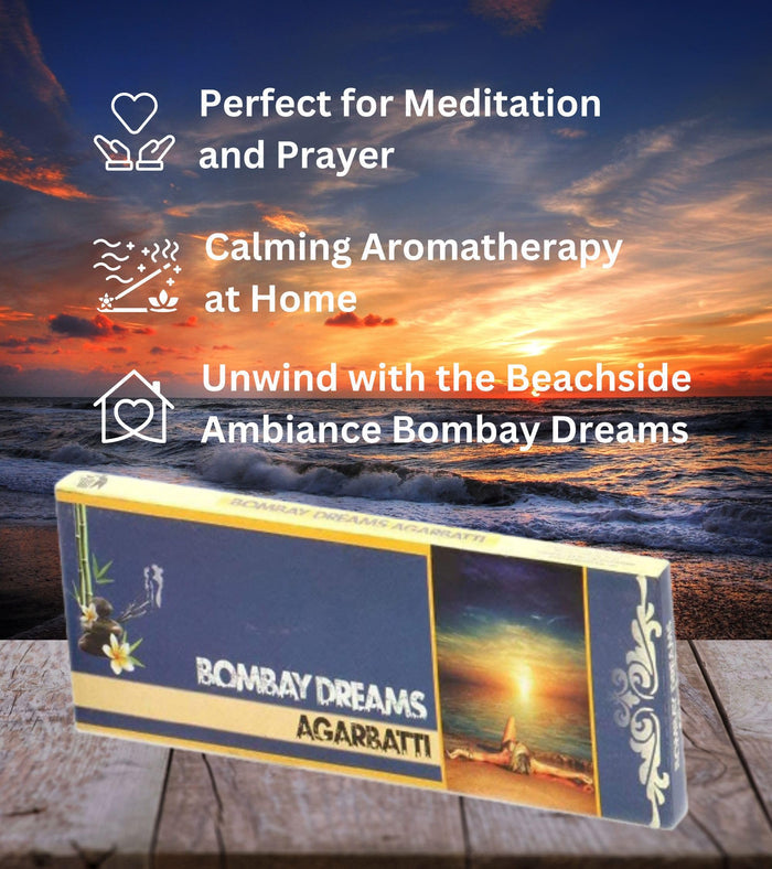 Agarbatti incense stick pack with Bombay Dreams label on a tray-like surface