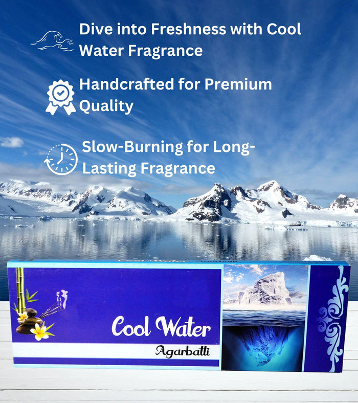 Agarbatti incense sticks box, Cool Water fragrance, blue landscape design