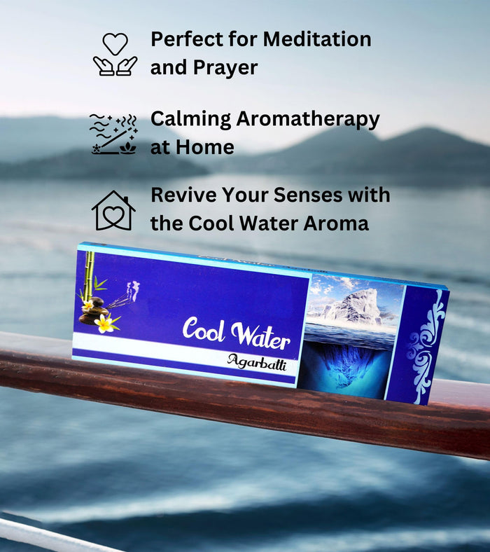 Agarbatti incense sticks box with Cool Water label, blue and white packaging