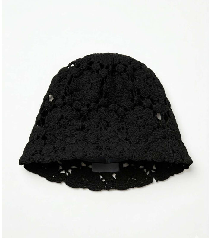 Black crochet lace bucket cap with floral open-knit pattern and scalloped brim