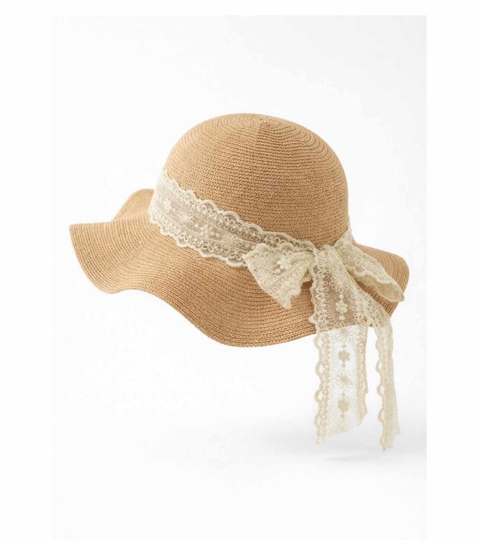 Sand straw wide-brim sun hat with lace trim band and long tied ribbon tails
