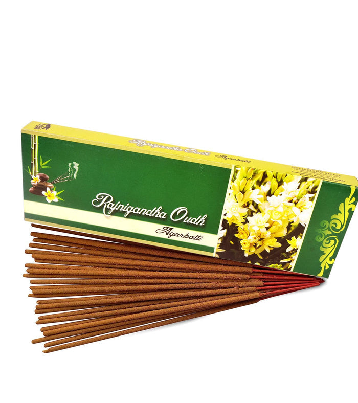 Loose incense sticks bundled with Rajnigandha Oudh green display box