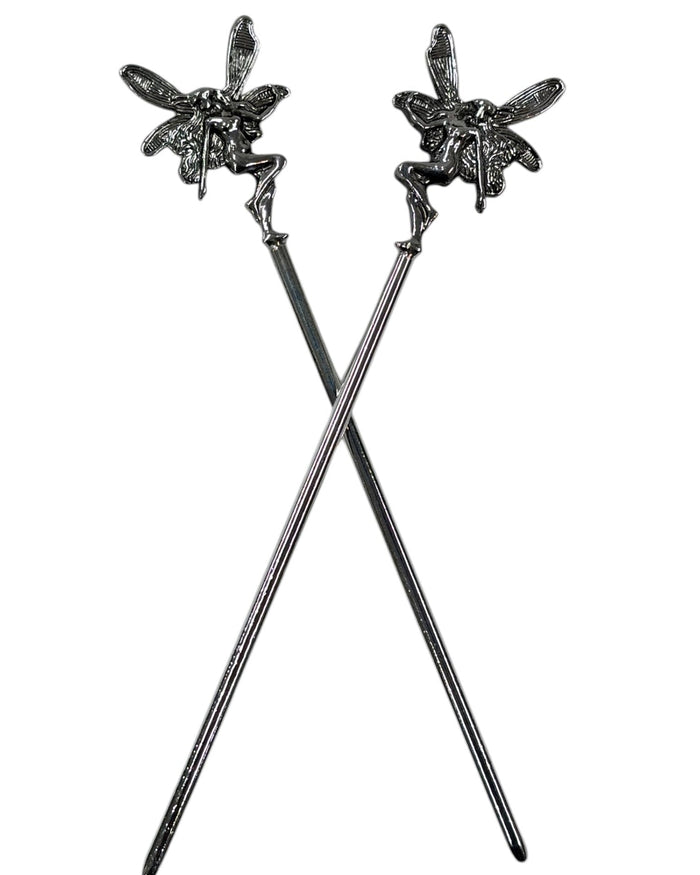 Silver Fairy Hair Sticks with winged fairy design, fantasy decorative metal hair pins for buns and updos, front view.