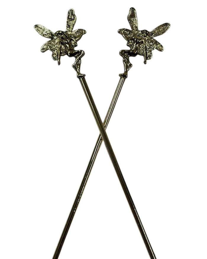 Gold Fairy Hair Sticks with winged fairy design, fantasy decorative metal hair pins for buns and updos, front view.