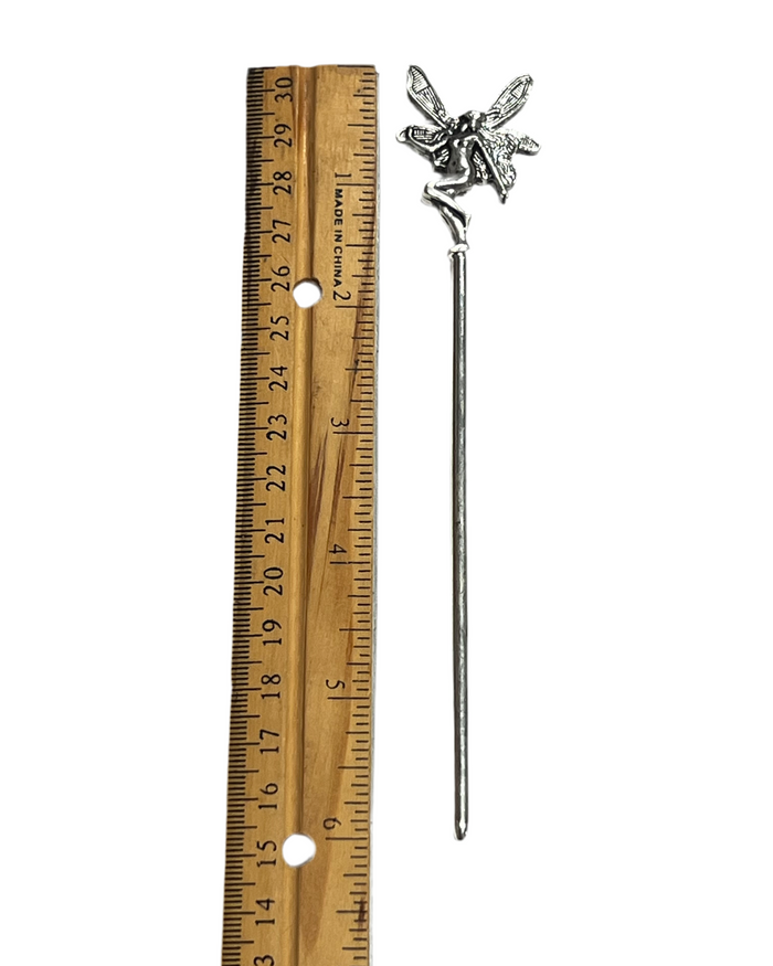 Silver Fairy Hair Stick with winged fairy design shown beside ruler for size reference, decorative fantasy hair accessory for women.