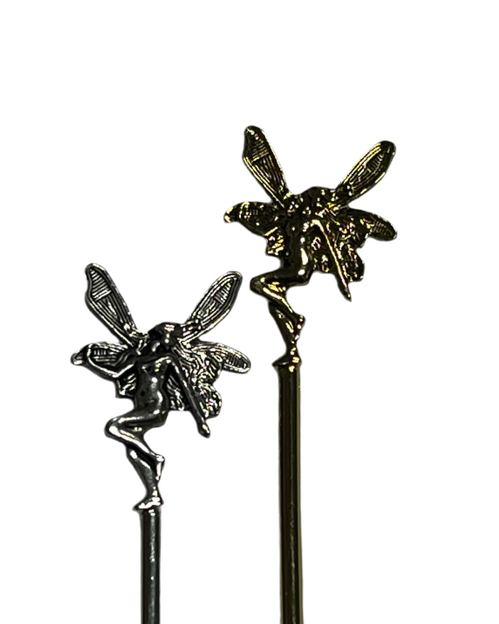 Close-up comparison of Silver and Gold Fairy Hair Sticks featuring winged fairy design, fantasy hair accessories for women.